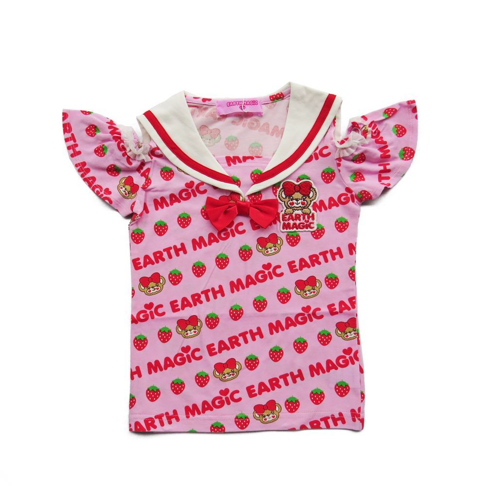 30 Off セール アースマジックearthmagic 正規品 イチゴ マフィー 総柄 セーラーカラー 肩あき Tシャツ 子供服 女の子 女児 白 シロ ピンク Tシャツ サイズ 1 Vest Doctum Edu Br