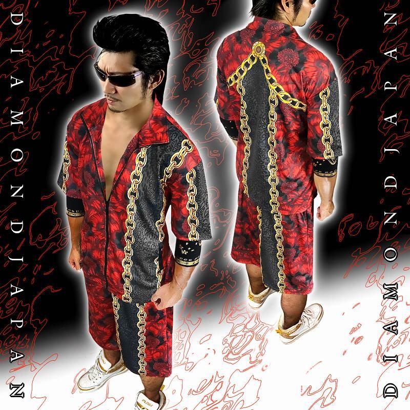 半袖 セットアップ ジャージ 赤牡丹 チェーン 切替黒豹柄 和柄