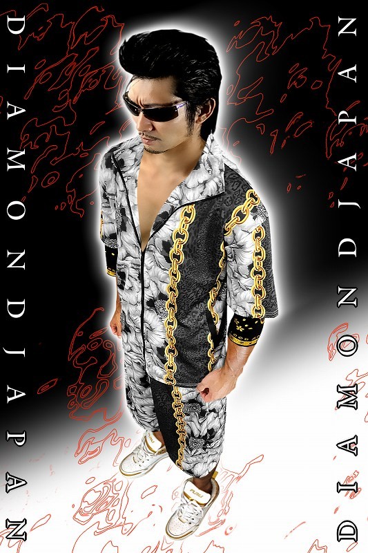 半袖 セットアップ ジャージ 白牡丹 チェーン 切替黒豹柄 和柄