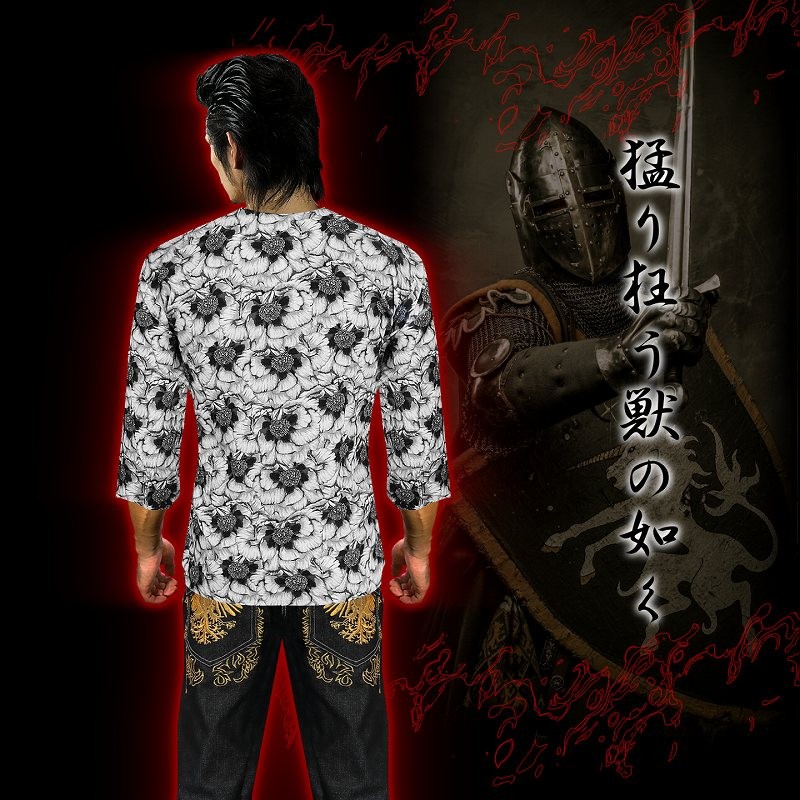 ダボシャツ (鯉口シャツ) 白牡丹 花総柄 和柄 オラオラ系 悪羅悪
