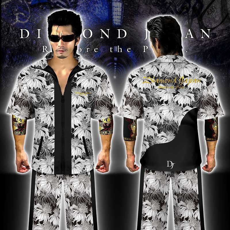 MCM 【激レア/ 当時物】ジャージ 総柄 セットアップ 刺繍　エムシーエム 刺繍入り 花総柄 半袖 セットアップ ジャージ 白×黒 ヤクザ ヤンキー