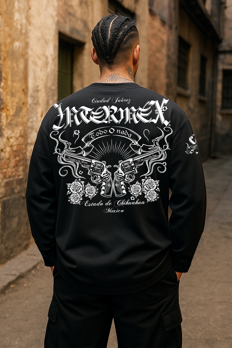 11月上旬入荷) 長袖 Tシャツ 服 INTERMEX 銃と薔薇柄 ロンT itm-102 黒