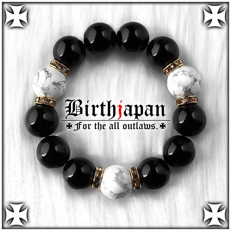 ポイント10倍 極太16mm ロンデル×オニキス ハウライト数珠ブレスレット