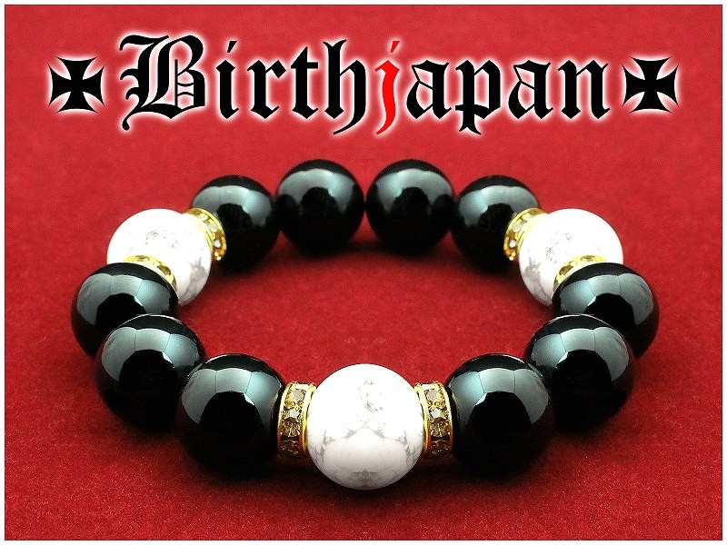 ポイント10倍 極太16mm ロンデル×オニキス ハウライト数珠ブレスレット