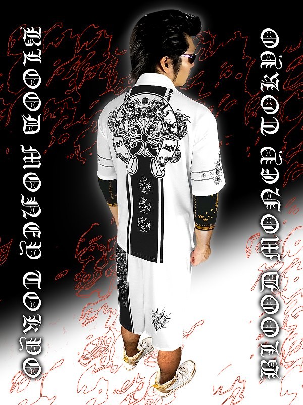 16002白 半袖セットアップジャージ上下 龍&クロス 夏物 悪羅悪羅