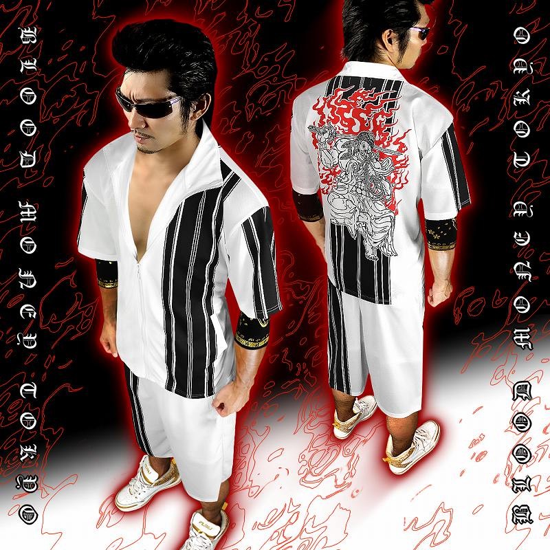 半袖 セットアップ ジャージ 不動明王 和柄 白×黒 オラオラ系 悪羅悪羅