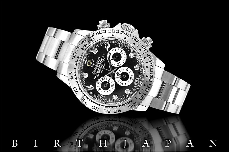 自動巻きクロノグラフ時計 黒 送料無料&ポイント10倍 1年間保証付 8石ダイヤモンド付クロノグラフ