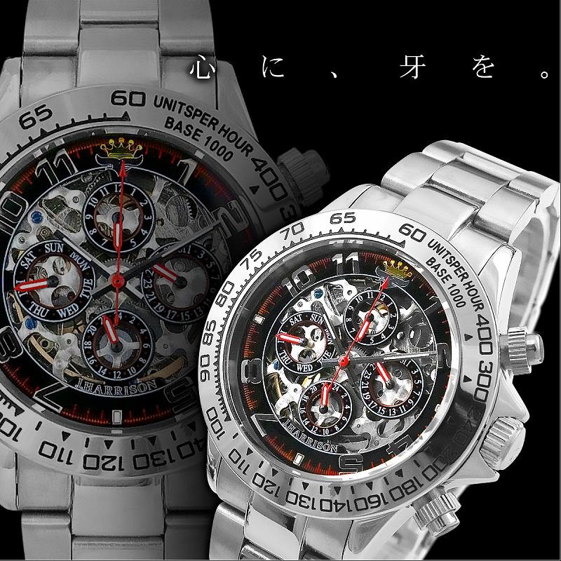 送料無料&ポイント10倍 1年間保証付 機械式スケルトンクロノグラフ