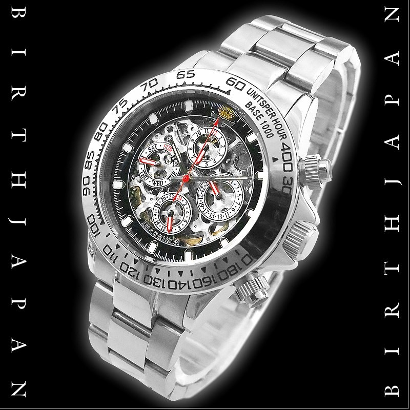 送料無料&ポイント10倍 1年間保証付 機械式スケルトンクロノグラフ