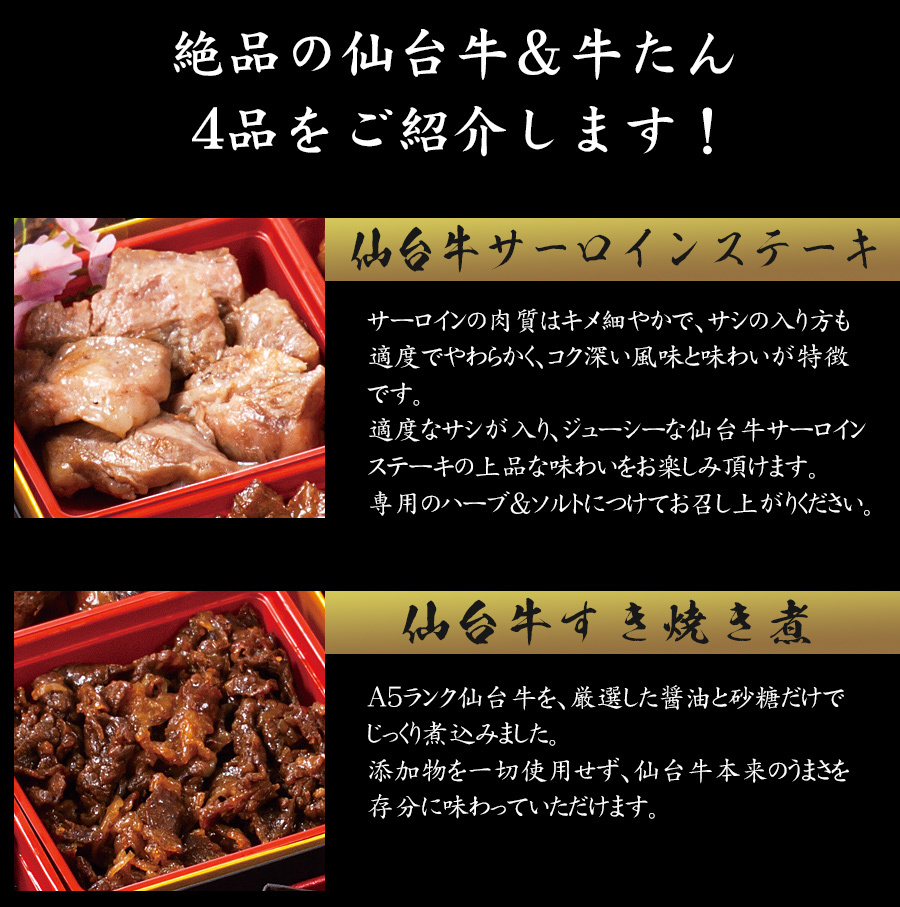 「肉のいとう」最高級A5ランク仙台牛＆牛たん味比べ2段重・お肉のおせち料理・商品内容