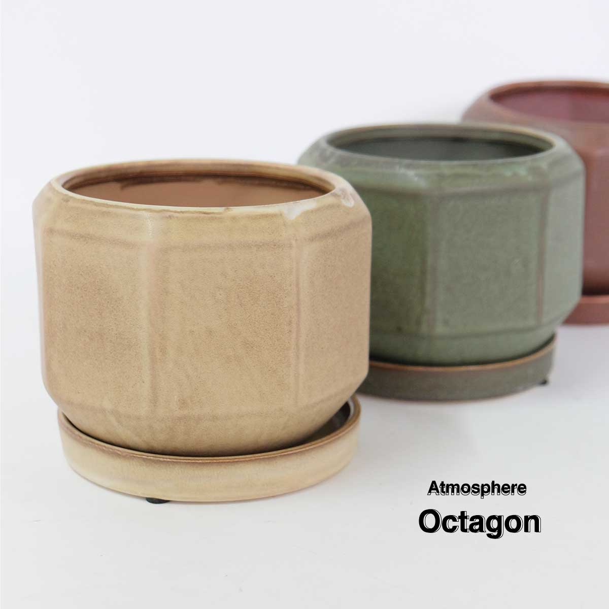 亀図　深鉢　小壺　MA876 Atmosphere Octagon 受皿付き 底穴有り 八角形 縁起物 シンプル 植木鉢