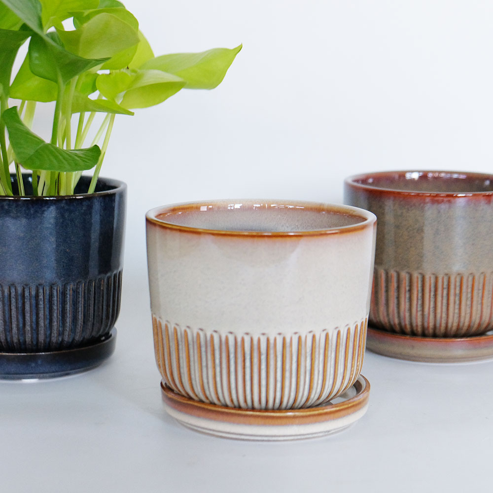 植木鉢 おしゃれ STREAK POT & SAUCER 12cm 4号 陶器鉢 受皿付 シック