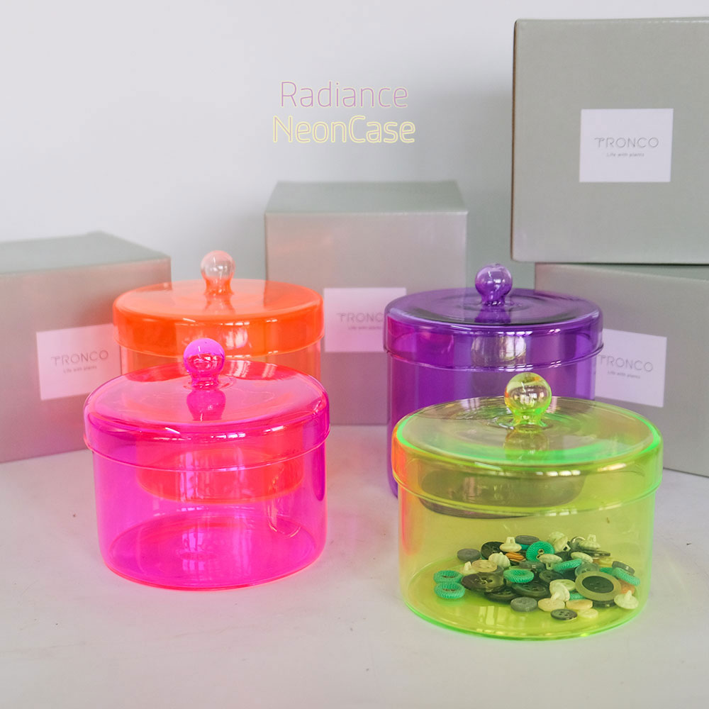 皇居限定　かわいいケース　ビタミンカラーのオレンジ色 ガラスケース ネオンカラーRadiance Neon Case 蓋付き 黄色 ピンク