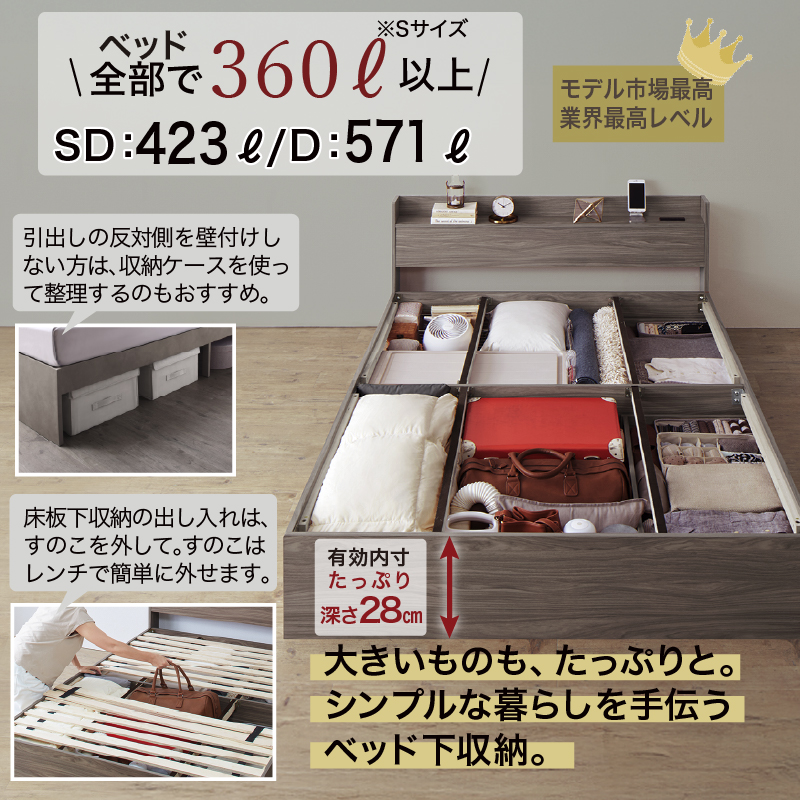 セミダブルベッド　お客様組立　匠マットレス付　収納付き 木製 コンセント付 収納ベッド