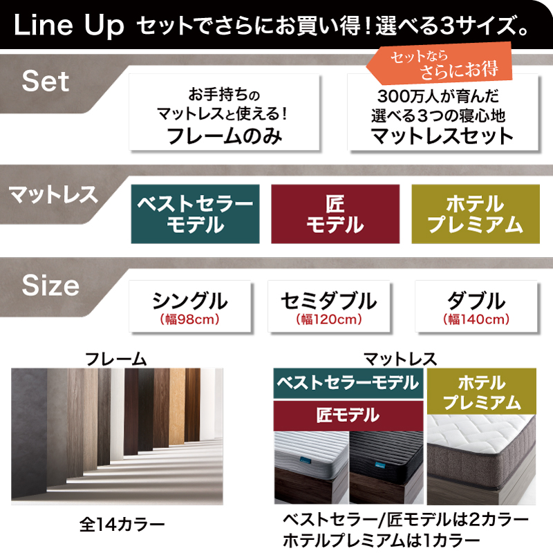 セミダブルベッド　お客様組立　匠マットレス付　収納付き 木製 コンセント付 収納ベッド