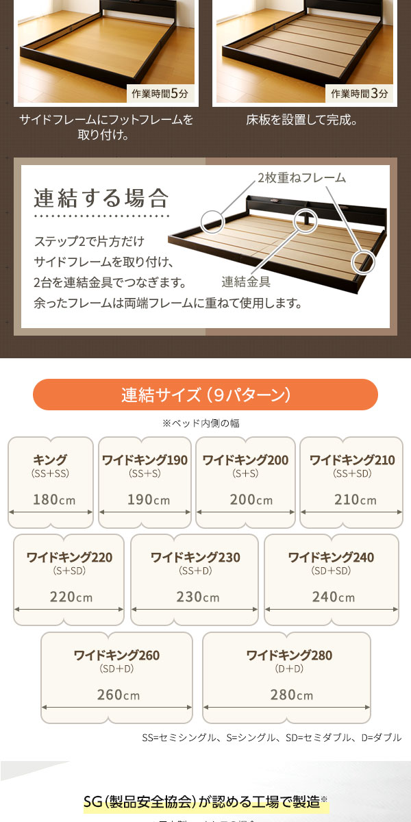 日本製 フロアベッド 照明付き 連結ベッド ダブル（ボンネルコイル 