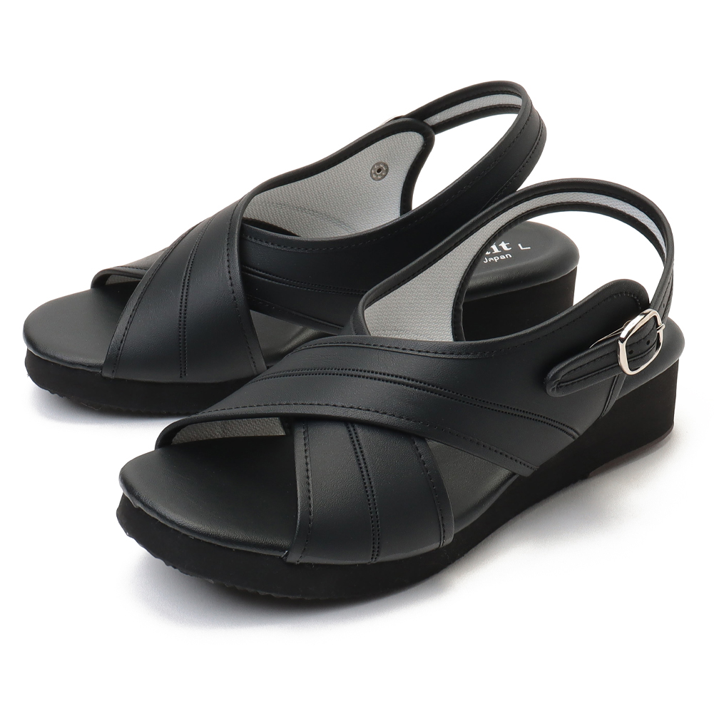 ナースシューズ 黒 疲れない O脚修正 クロスバンド サンダル KS104 l