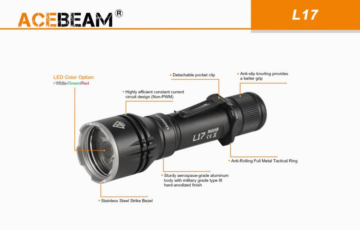 ACEBEAM L17 LEDハンディライトエースビーム ブラック 充電式 防水IPX8