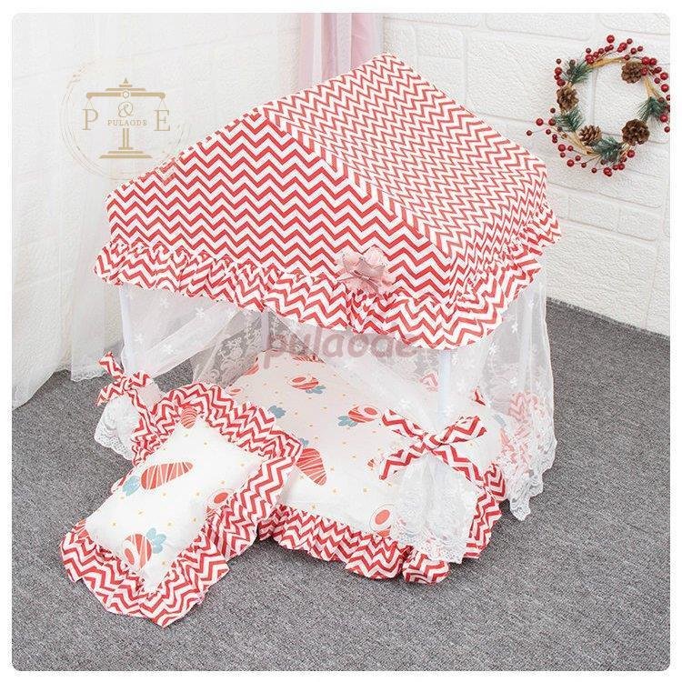 ペット用品 ペットグッズ 寝具 ベット マット クッション お昼寝 天蓋 柄 ストライプ 枕 レース リボン ピンク ブルー レッド愛情 ママ  おしゃれ ベッド、クッション、ハウス