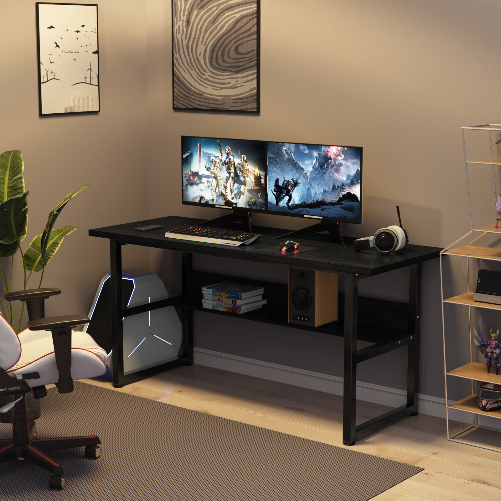 パソコンデスク 省スペース 幅160cm 棚付 木製 PCデスク ラック付き