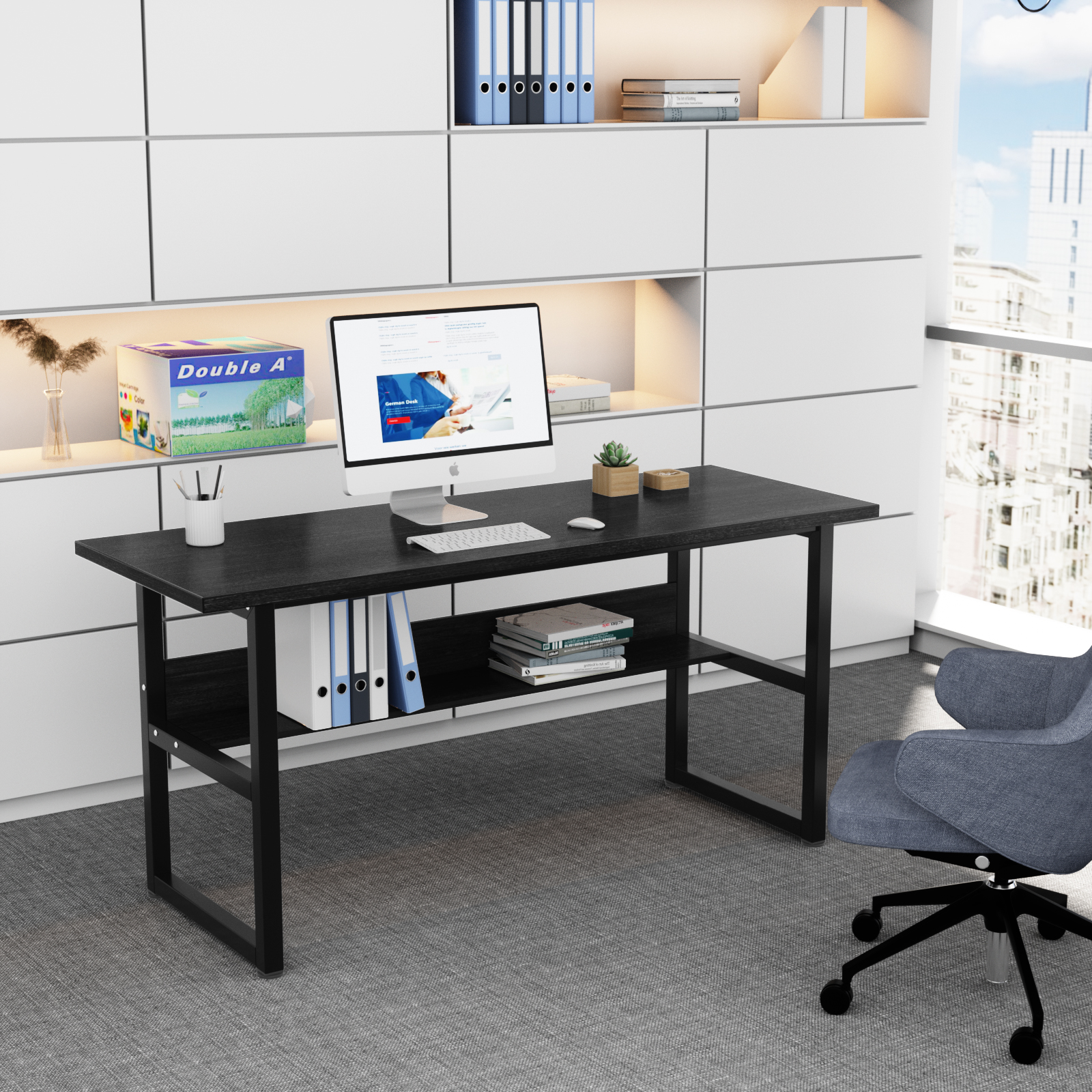 パソコンデスク 省スペース 幅160cm 棚付 木製 PCデスク ラック付き