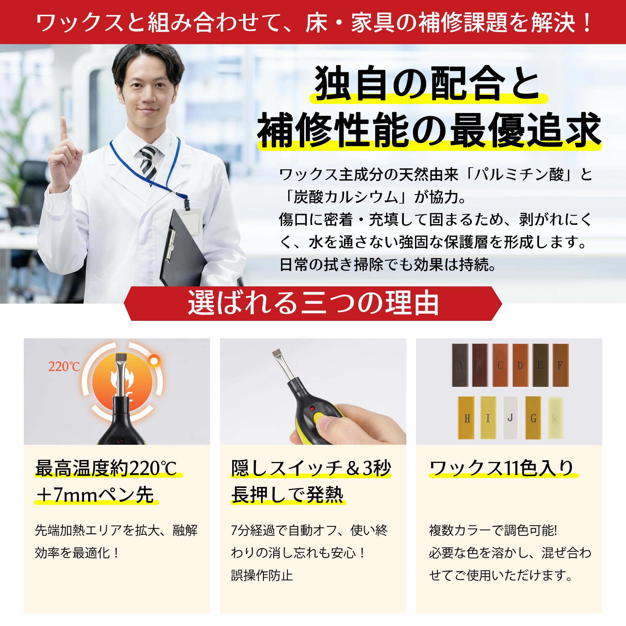 フローリング 補修 木製品キズ補修 USB充電式 ワックス付 SEISSO 電気
