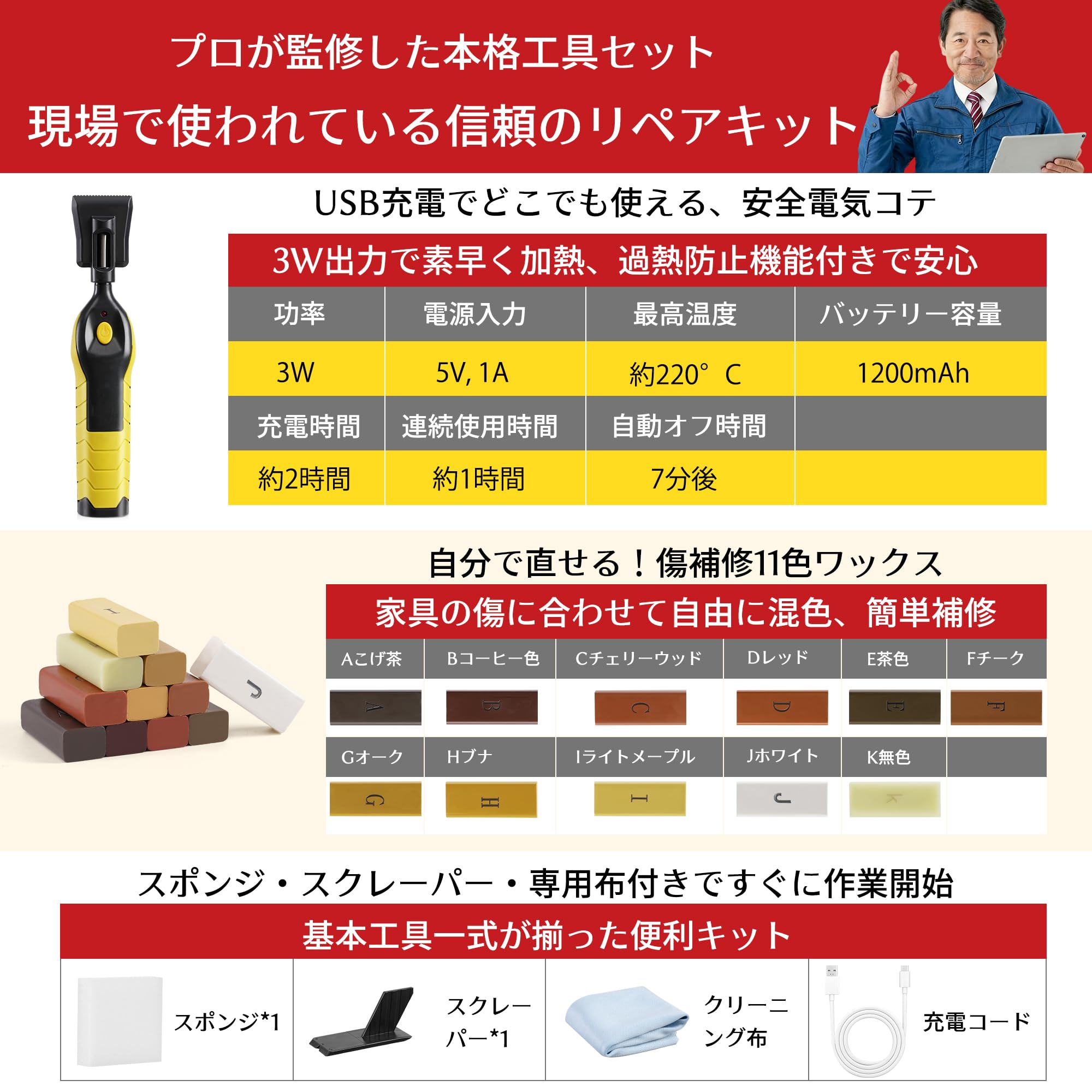 フローリング 補修 木製品キズ補修 USB充電式 ワックス付 SEISSO 電気