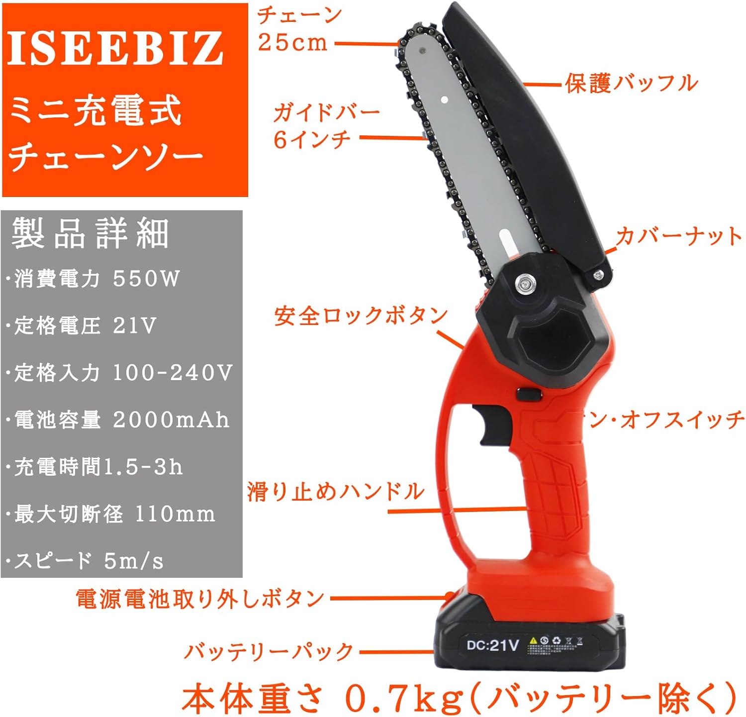 Iseebiz 電動ノコギリ チェーンソー 充...の詳細画像1