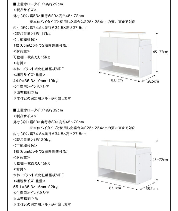 壁面収納 LED付きコレクションラック ワイド 上置き 高さ61-94 奥行39 高さ61 奥行39 高さ45 奥行29上置き
