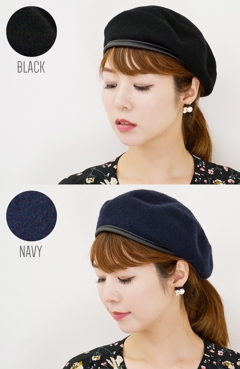 ベレー帽 レディース 帽子 アーミー ウール混 ミリタリー PUレザー