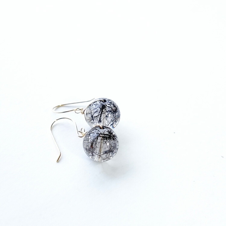 天然石 ピアス K18 18金 ブラックルチルクォーツ フックピアス