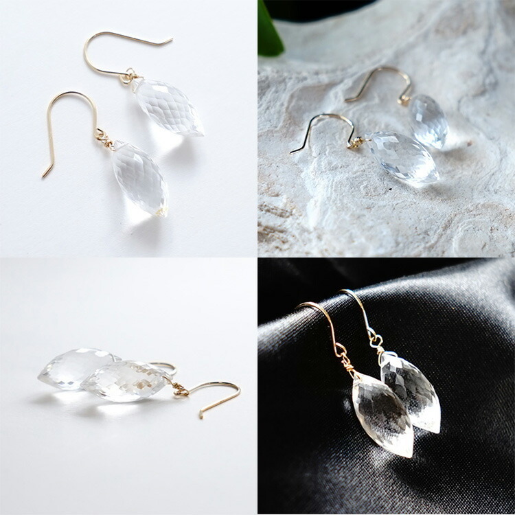 天然石 ピアス K18 18金 水晶 クリスタル 大粒 シャンデリアカット