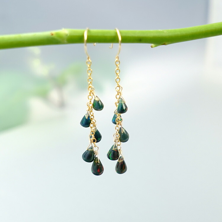 天然石 ピアス K18 18金 ブラックオパール フックピアス ドロップ
