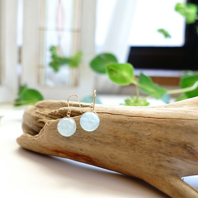 天然石 ピアス K18 18金 アクアマリン 10mm フックピアス 一粒