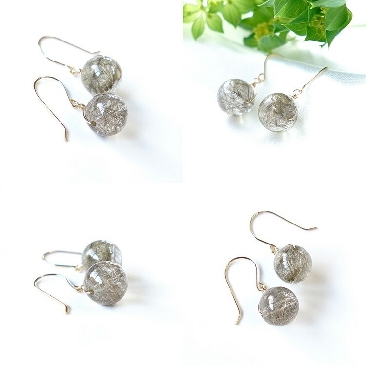 天然石 ピアス K18 18金 シルバールチルクォーツ 10mm フック