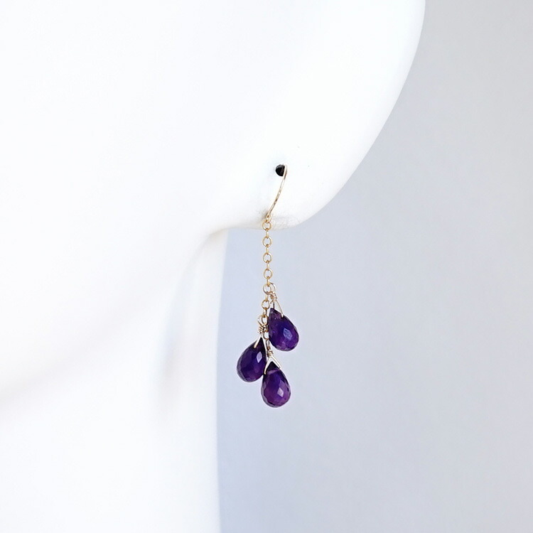 天然石 ピアス K18 18金 アメジスト シャンデリア フックピアス