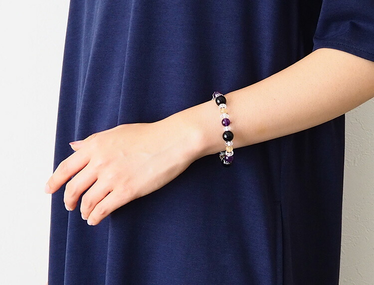 天然石 ブレスレット モリオン黒水晶 アメジスト ゴールデン