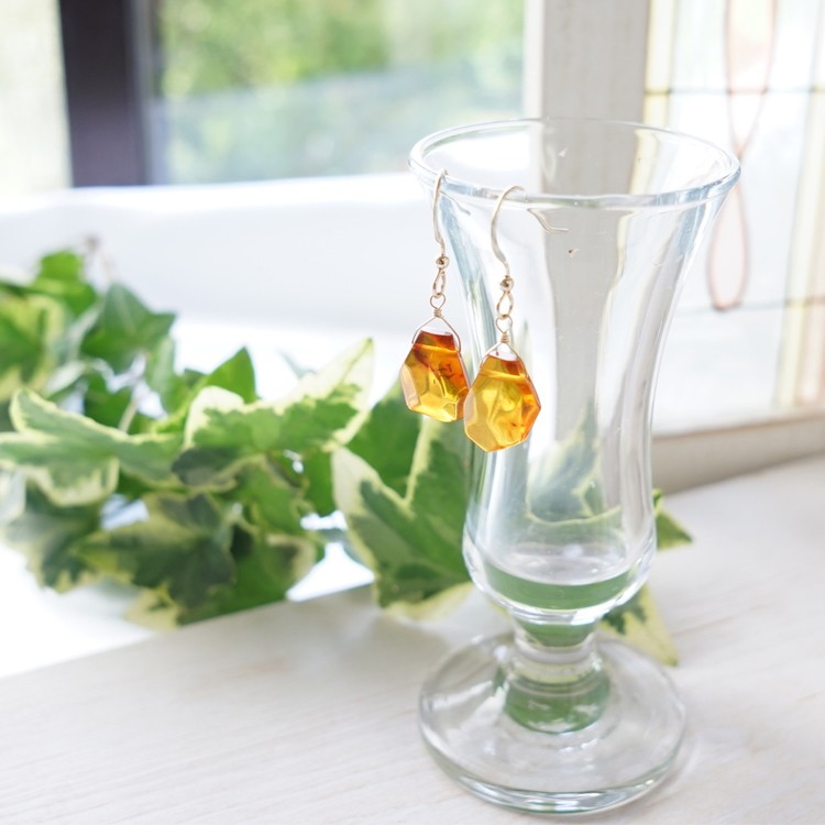 天然石 ピアス 14KGF アンバー 琥珀 幸運 幸福 フックピアス