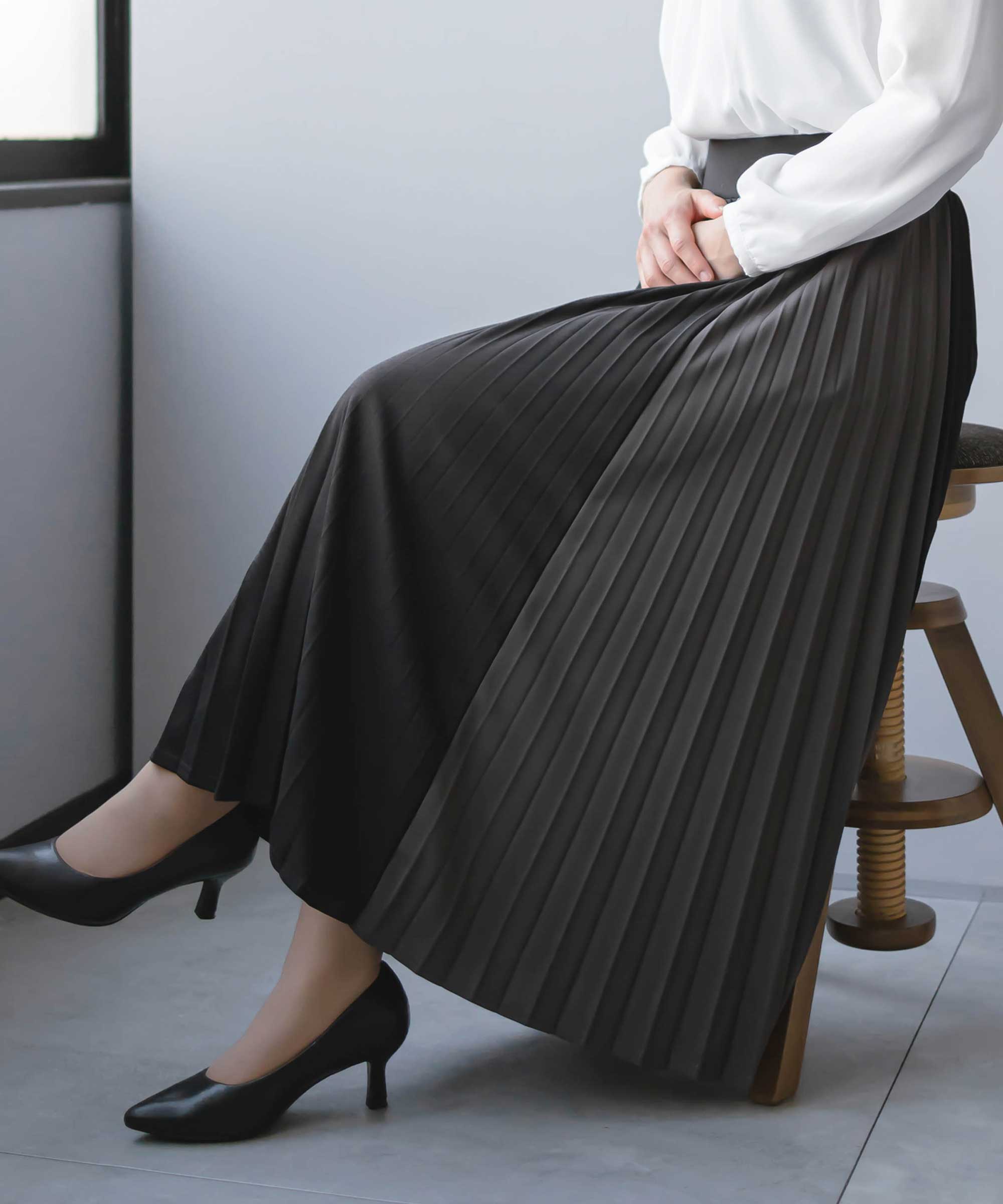 プリーツスカート ニット 切替 ストレッチ アコーディオン 30代 40代