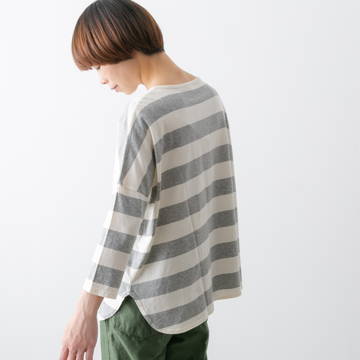 アルモニ/harmonie ふんわり天竺　ワイドボーダードロップショルダー8分袖PO　8820661-110ナチュラル×グレ harmonie アルモニ ふんわり天竺 ワイドボーダー ドロップ