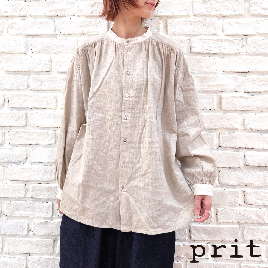 【★20%OFF】SALE セール prit プリット 服 綿麻 シャドーチェック クレリック ギャザー ブラウス P81526 レディース シャツ ブラウス バンドカラーシャツ