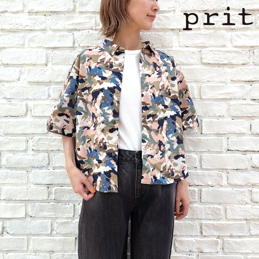 【★20%OFF】SALE セール prit プリット 服 60/1 タイプライター ラフペイント プリント 5分袖 ショートシャツ P82517 レディース シャツ ブラウス トップス