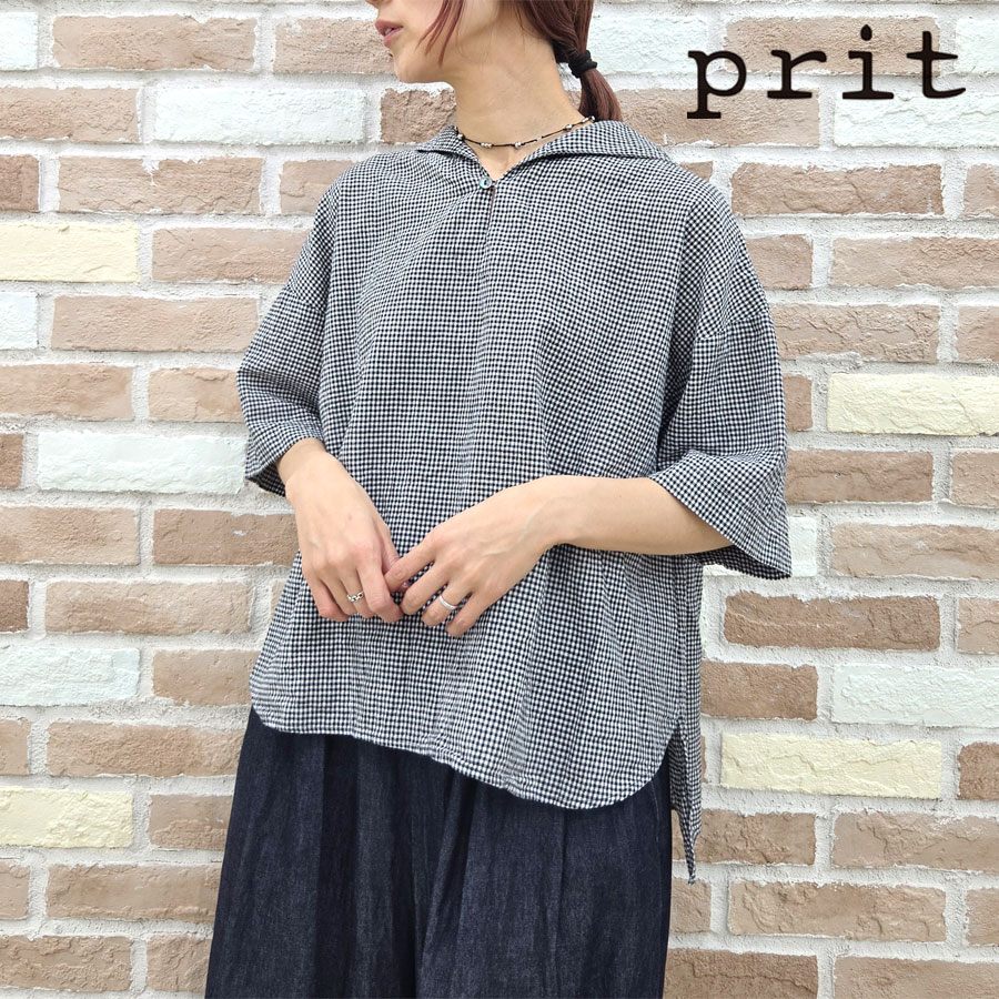 prit（プリット） シャツ 服 綿麻 平織 5分袖 セーラーカラー プル