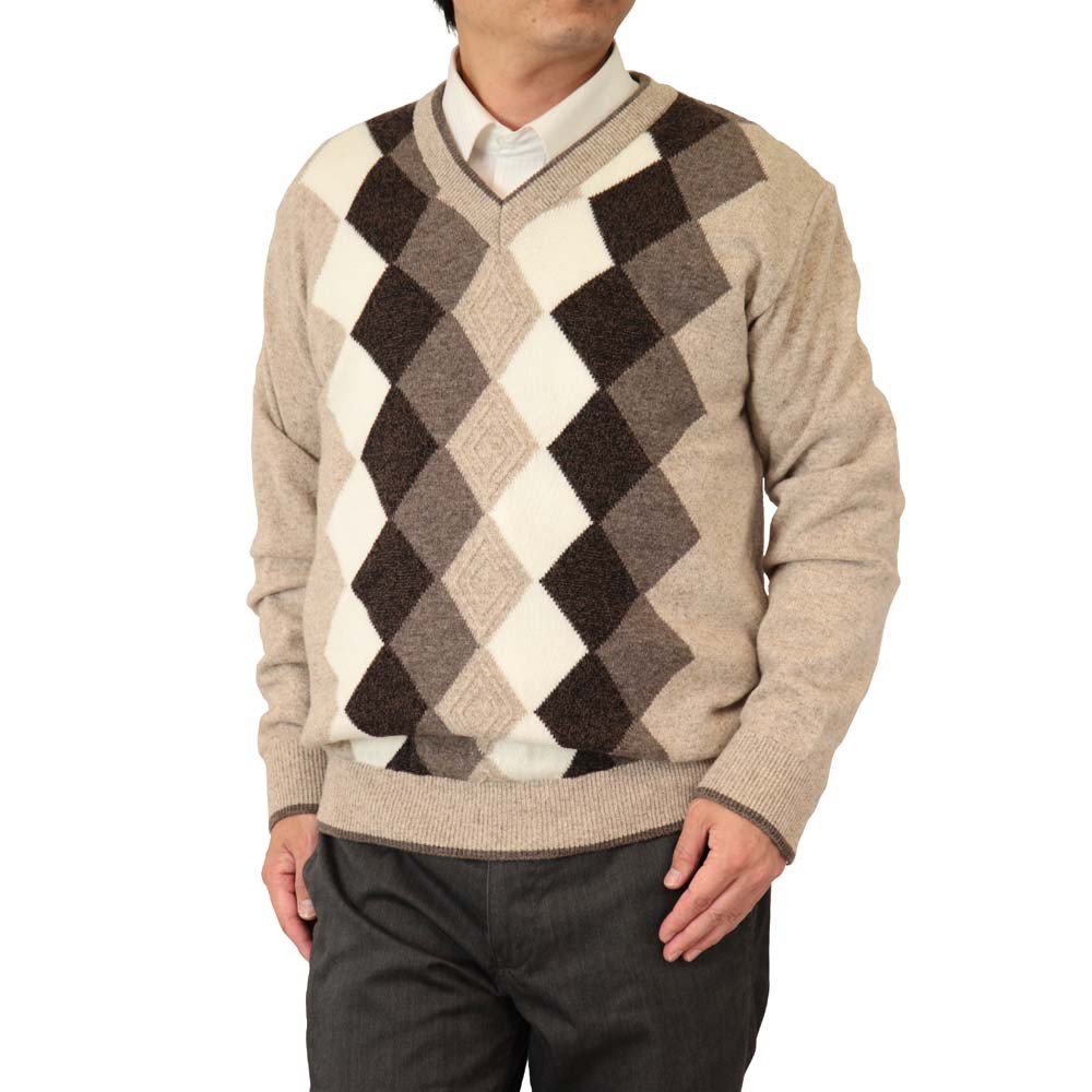 セーター Ｖ首 ダイヤ柄 カシミヤ5%ナイロン25%毛70% 日本製 10ゲージ 紳士/メンズ 送料無料 (2062)｜bm-knit｜02