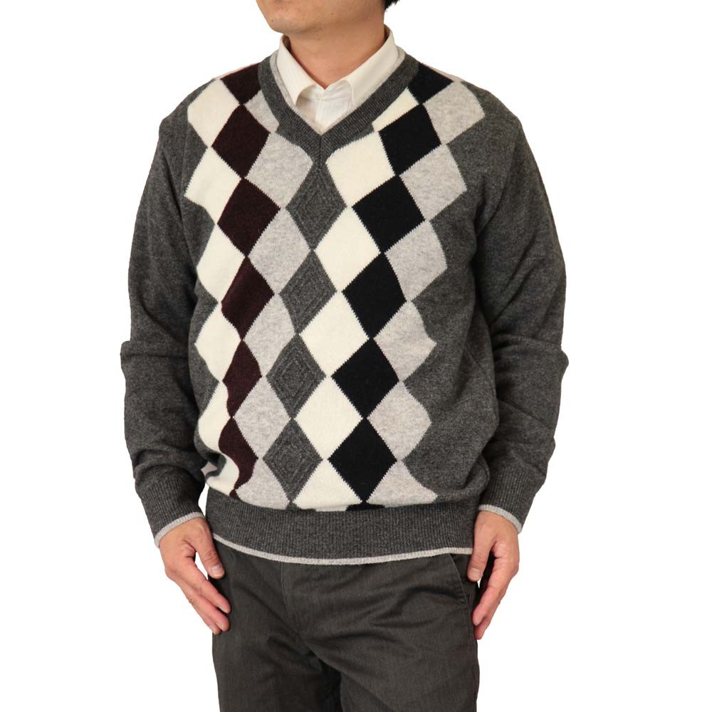 セーター Ｖ首 ダイヤ柄 カシミヤ5%ナイロン25%毛70% 日本製 10ゲージ 紳士/メンズ 送料無料 (2062)｜bm-knit｜03