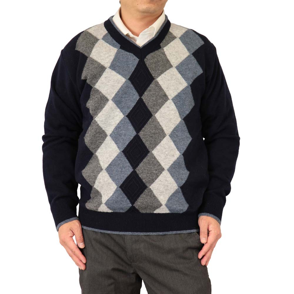 セーター Ｖ首 ダイヤ柄 カシミヤ5%ナイロン25%毛70% 日本製 10ゲージ 紳士/メンズ 送料無料 (2062)｜bm-knit｜04