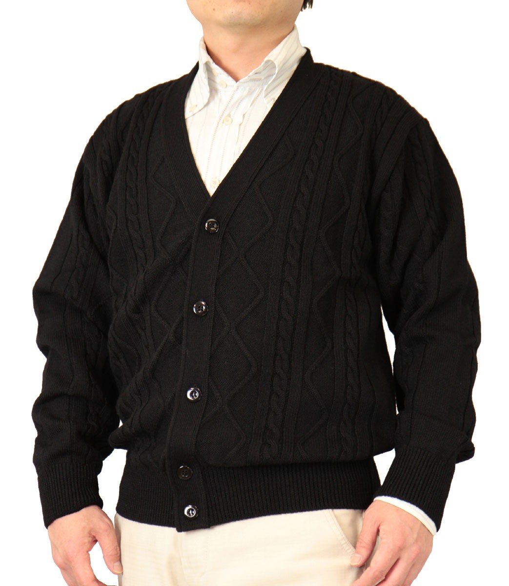カーディガン Ｖ首 アラン柄 ウール100% 日本製 7ゲージ 紳士/メンズ 送料無料 (3076)｜bm-knit｜02