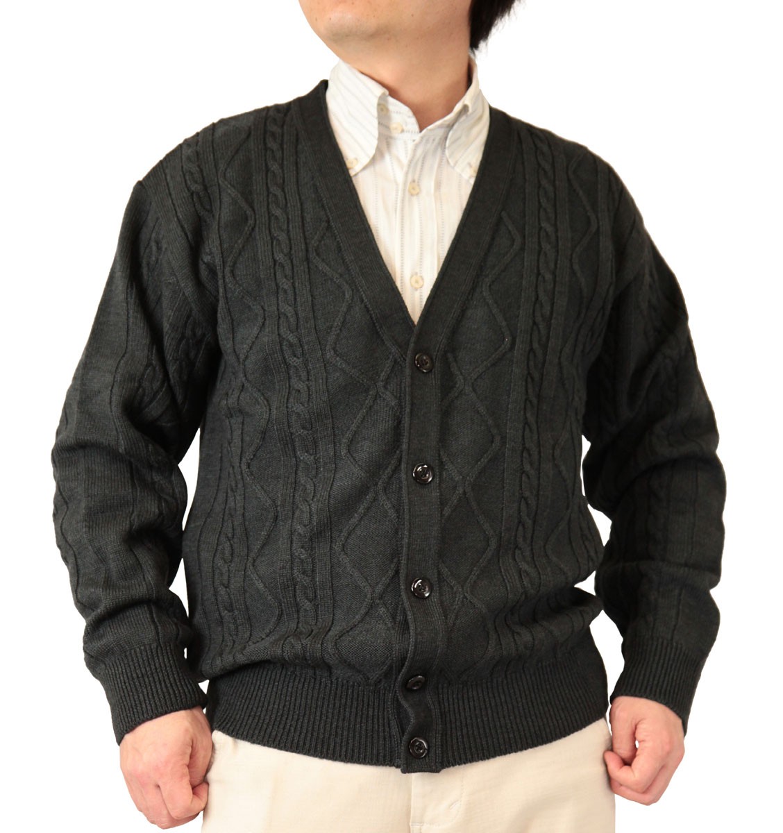 カーディガン Ｖ首 アラン柄 ウール100% 日本製 7ゲージ 紳士/メンズ 送料無料 (3076)｜bm-knit｜03