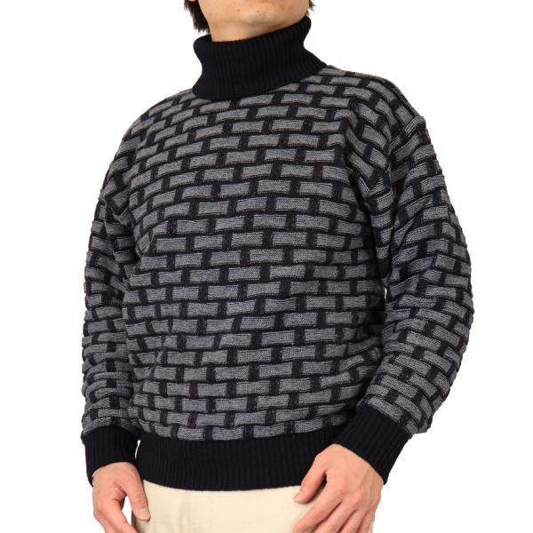 セーター タートル/ハイネック ブロック柄 ウール100% 日本製 7ゲージ 紳士/メンズ 送料無料 (3080) :KW-3080:ビーエム