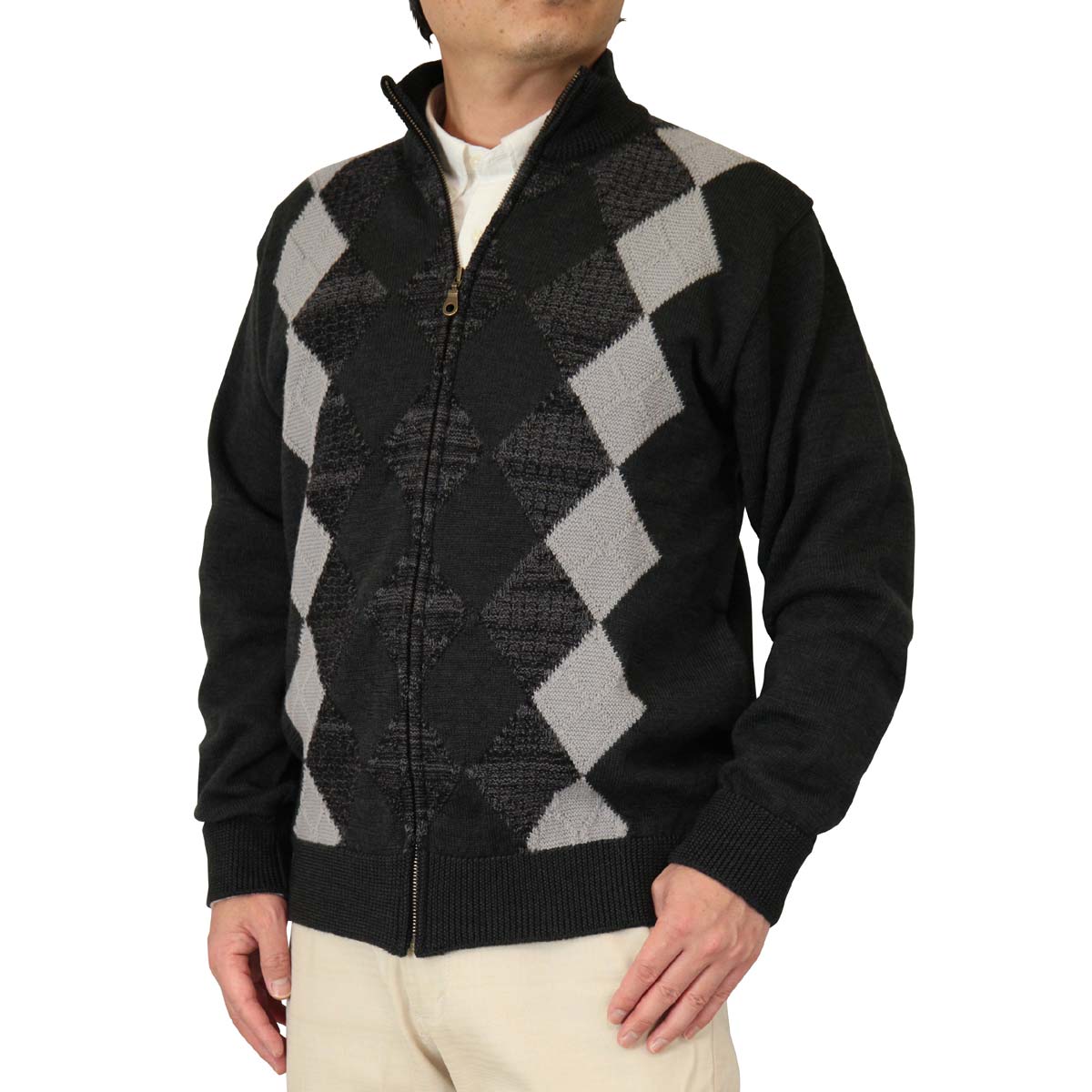 セーター/カーディガン フルジップ(ハイネック) ダイヤ柄 ウール100% 日本製 7ゲージ 紳士/メンズ 送料無料 (3127)｜bm-knit｜02